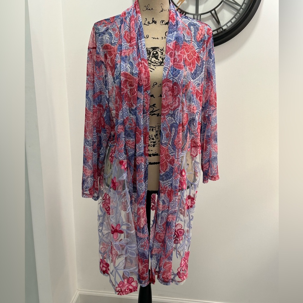 Ruby rd purple floral/paisley print sheer material, embroidered mesh kim…